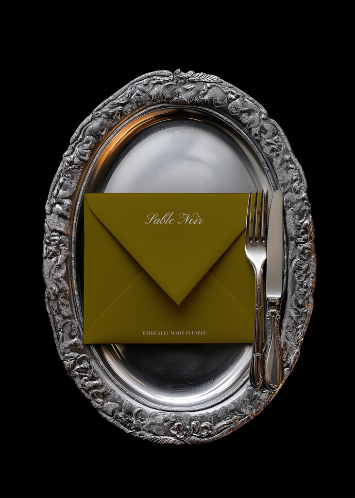 Olive green envelope labeled 'Sable Noir' placed on an ornate silver platter with fork and knife — a metaphor for refined, intentional brand identity presented as a curated experience.
